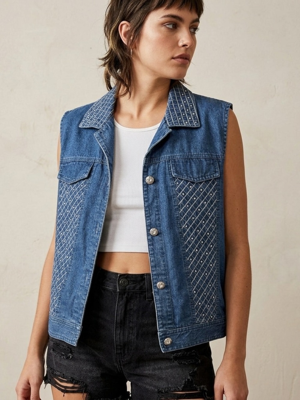 Vintage 80s Saint Germain Embellished Denim Vest L Western Grunge Coastal Boho